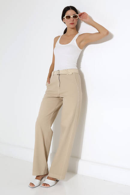 Kadın Bej Kemerli Pantolon | MSC 223 - 5