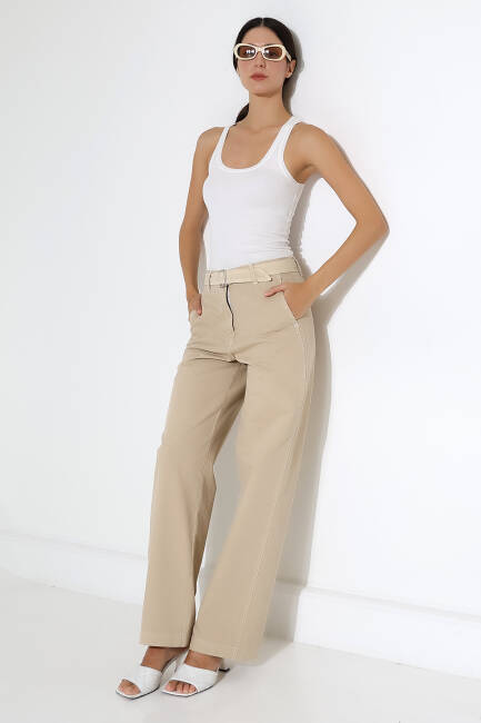 Kadın Bej Kemerli Pantolon | MSC 223 - 6