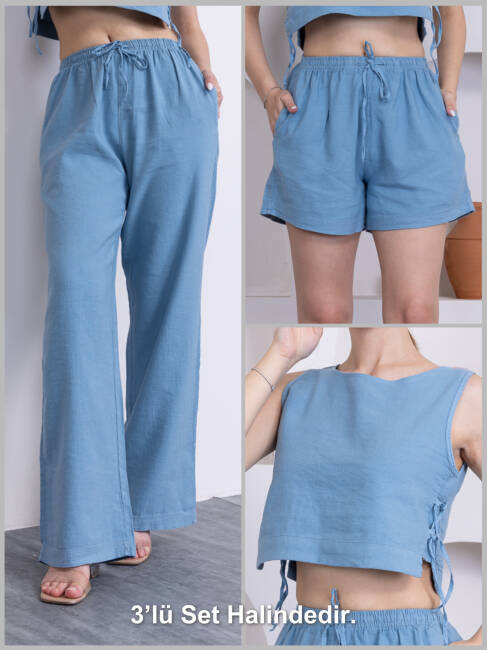 Kadın Mavi Şort Pantolon Bluz 3'lü Takım | MSC244 - 3